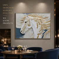 Peinture artisanale en relief impasto tête de cheval en or blanc, portrait, pour hôtel de luxe, grand hall, pilier, accent mural, sur mesure, en gros