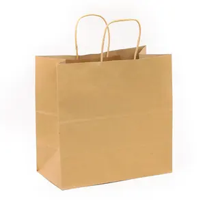 حقيبة ورقية بشعار مصمم حسب الطلب حقيبة مفتوحة من الأعلى بيد مسك للتسوق وتعبئة الطعام منتج بيد مسك ملفوفة