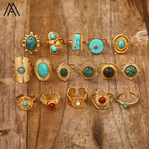 Nhẫn thép không gỉ cho phụ nữ cổ điển đá tự nhiên vòng turquoise Charms người đàn ông nữ trang sức