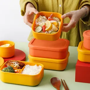 Portable Rectangle Square Round Salad Soup Bowl Leakproof Compartment Food Container for Kids Silicone Bento Lunch Box Set