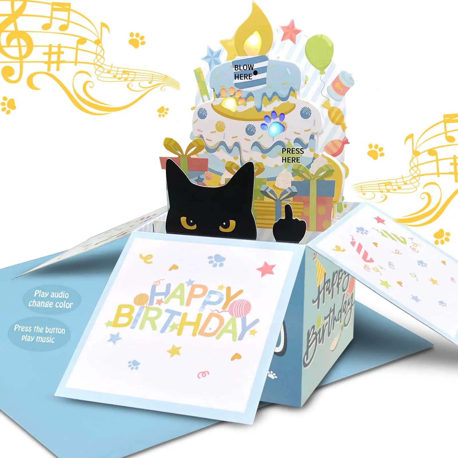 Cartões de aniversário engraçados pop-up 3D, cartões de aniversário 3D para mulheres, cartões para todos os amantes de gatos, pressione o botão de energia para jogar