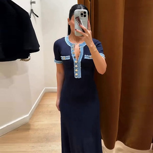 Nouvelle robe longue en denim mince pour femmes, coutures à simple boutonnage, décoration pailletée, taille naturelle lavable - Product Image 4