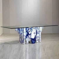 Table à manger en verre trempé artistique de qualité supérieure, base en bois peinte à la main, table de luxe moderne de grande taille pour appartement et villa haut de gamme