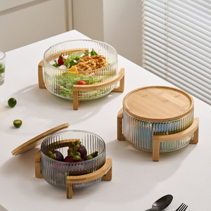 Bol à fruits en verre à rayures verticales minimalistes, bol à salade, bol à collations avec couvercle en bambou et support en bois - Product Image 1