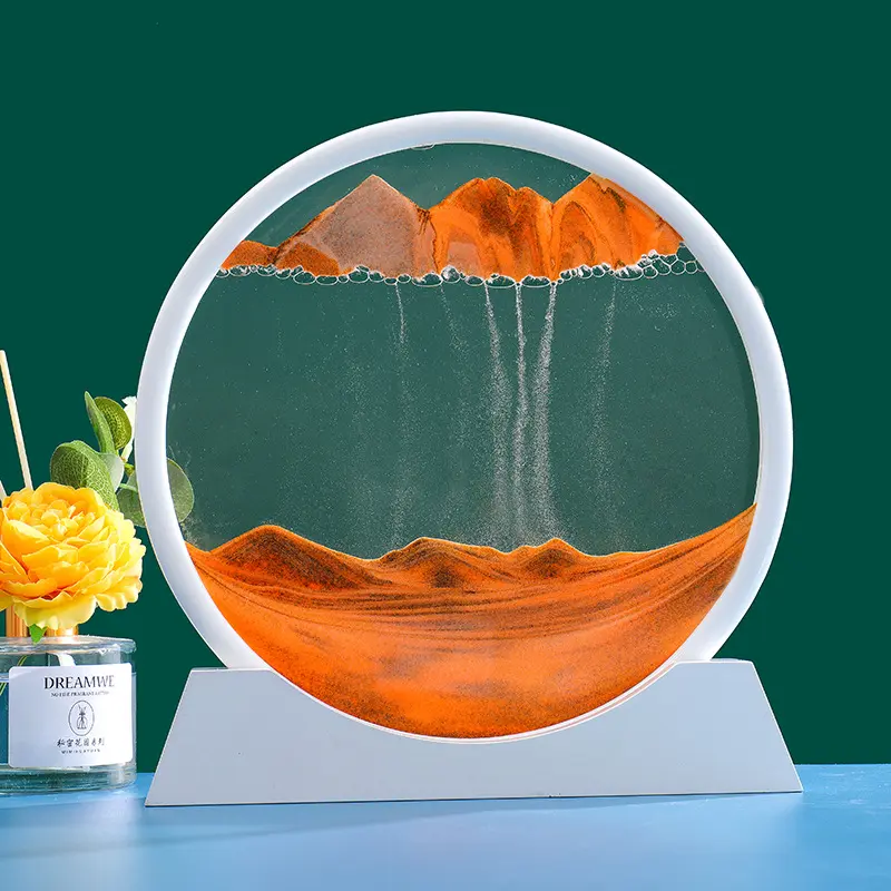 7/12 인치 움직이는 모래 예술 그림 라운드 유리 3D 깊은 바다 풍경 모션 디스플레이 흐르는 모래 프레임 모래 그림