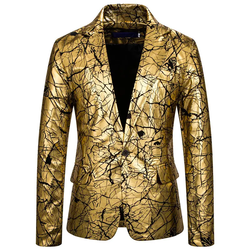 Men Single Button Suit Gold Silver Printed Skinny Fit Stretch Finished Bottom Men's Suits
