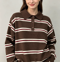 Pull en tricot rayé de style preppy pour femmes, col polo, manches longues, boutons