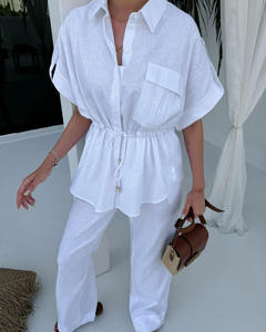 Vente en gros de vêtements pour femmes <span class=keywords><strong>pantalon</strong></span> taille haute à jambes larges ensemble chemise à lacets à manches courtes <span class=keywords><strong>pantalon</strong></span> d'été pour femmes costume 2 pièces décontracté pour femmes - Product Image 4