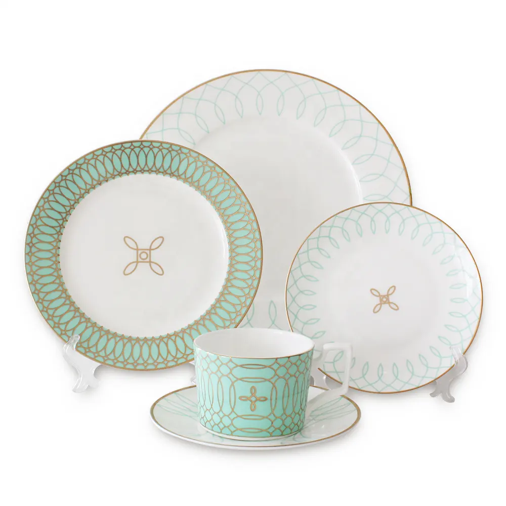 wholesale light green gold rim bone china dinnerware dinner plates sets for wedding
