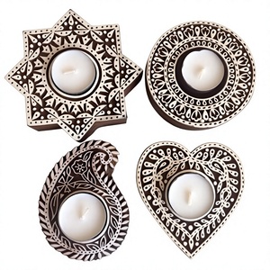 White Brown <b>Wooden</b> Floral Printing <b>Block</b> Decorative Tea Light Candle Holders, Diya Stands | Tea Light Holders | Christmas Diwali - Product Image 1
