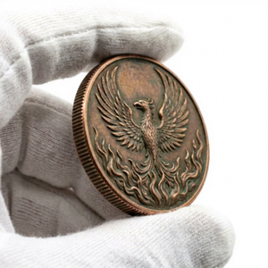 Pièce de monnaie en cuivre « Phénix rebaisseur de flammes » avec patine verdigris, cadeau spirituel pour les studios de yoga et les chercheurs de transformation - Product Image 1