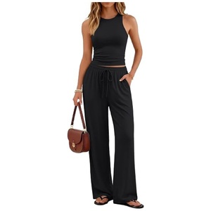 Ensemble de détente 2 pièces pour <span class=keywords><strong>femme</strong></span>, été, respirant, doux, débardeur et <span class=keywords><strong>pantalon</strong></span> large taille haute avec poches, pour l'extérieur - Product Image 5