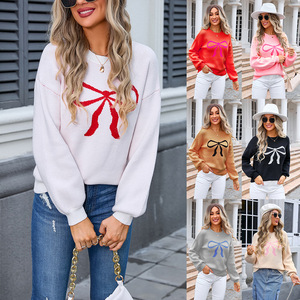 Nuova Collezione Primavera 2027: Maglione Lavorato a Maglia con Fiocco Ricamato per <span class=keywords><strong>Donna</strong></span>, Felpa alla Moda con Motivo Jacquard - Product Image 2