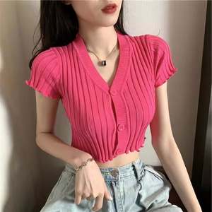 I-0373 Wholesale Summer Women'S Crop <b>Tops</b> Square Collar Cheap <b>Short</b> <b>Sleeve</b> <b>Knit</b> T-Shirt Women Sexy Shirt <b>Tops</b> Sweater - Product Image 3