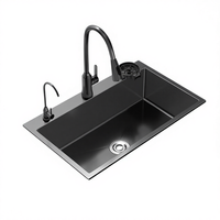 Évier de cuisine en acier inoxydable SUS304 noir nano fait main, à cuve unique, en stock