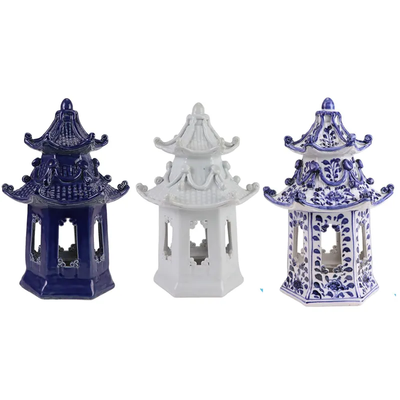 RZKR63-A-B-C Warna Biru Gelap dan Putih Pola Bunga Dekorasi Rumah Keramik Patung Pahatan Pagoda
