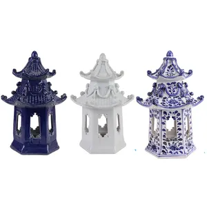 Statues de Sculpture de pagode en céramique, motif de fleur de couleur bleu foncé et blanc, décoration de la maison, RZKR63-A-B-C