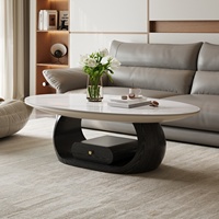 Table basse ovale moderne pour petit appartement, en bois massif avec plateau en dalle de roche, rangement intégré, mobilier de salon design, luxe léger