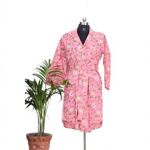 Robe midi en coton tricoté respirant et lavable pour femmes, écologique, décontractée, imprimé floral d'été, col en V, manches longues, 3/4 boutons - Product Image 1