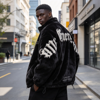 Blouson Bomber Unisexe Noir en Fausse Fourrure Coupe Slim Col Montant Zippé Écologique Imperméable Streetwear Rembourré Décontracté