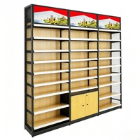 Étagère de supermarché en acier noir avec panneau latéral en bois et panneau latéral en maille, présentoir de rangement avec boîte lumineuse