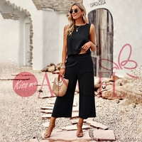 KISS ME ANGEL ensemble de mode d'été féminité couleur unie haut sans manches ample pantalon neuf quarts femmes ensemble deux pièces