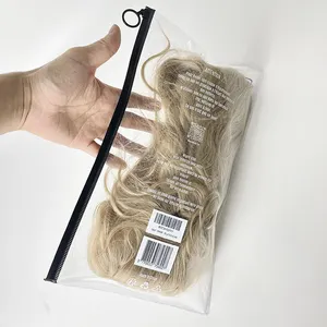 Bolsa de plástico transparente para embalagem de cabelo, sacola quadrada em PVC para extensão de cabelo com logotipo personalizado, sacola para peruca com zíper e cabide