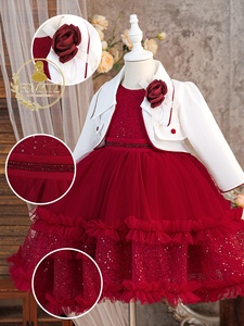 <span class=keywords><strong>Elegante</strong></span> Completo Principessa in Pizzo Rosso Stile Europeo con Giacca, Abito da Festa con Fiori per Compleanno Bambine 8 Anni - Product Image 4
