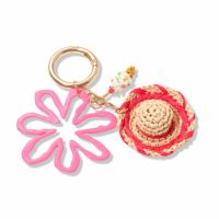 EDGE Porte-clés et breloque de sac pour femme, motif fleur de plage estivale, avec pendentif chapeau de paille et breloque perlée, bijou fantaisie
