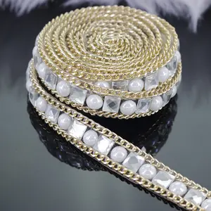 Ngọc Trai Kính Vuông Rhinestone Dây Chuyền Vàng Trang Trí Ren Cắt Tỉa Sửa Chữa Nóng Cắt