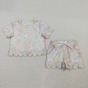 in stock GSSO3273 Scallop Colorful Flowers Short Sleeve Shorts Girls Set - Product Image 1