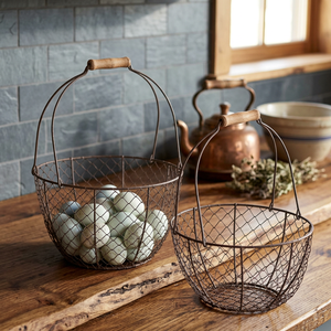 Panier de rangement rustique en fil de fer, panier rond en métal fait à la main pour la cuisine - Product Image 4