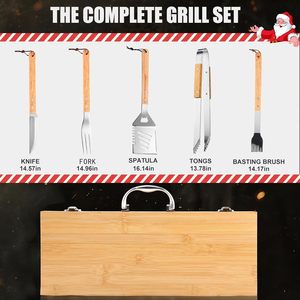 Juego de 6 utensilios de barbacoa de acero inoxidable estilo coreano en stock, con mango de madera para exteriores: tenedor, espátula y pinzas. - Product Image 2