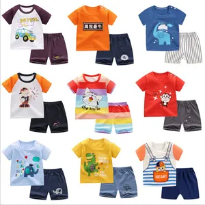 Grosir baju bayi 2pcs bayi-Setelan Baju Anak Laki-laki dan Perempuan, Setelan Baju Bayi Perempuan Katun, Kaus Celana Pendek Kasual Bermotif, Pakaian Anak Laki-laki Musim Panas 100%