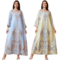Abaya Kaftan à manches longues et col rond, ornée de perles et de strass, vêtements islamiques grande taille, bleu clair et jaune, vente en gros, sur mesure