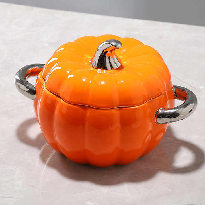 Double Ear Ceramic Pumpkin Dessert Bowl Home Kitchen Children's Steamed Egg Salad with Lid Ceramic Baking Bowls
