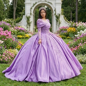Vestido de Quinceañera Elegante Morado Mc035 con Apliques y Espalda con Cordones, Vestido de Gala Completo, Jancember - Product Image 1