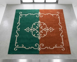 Tapis rectangulaire classique avec motif médaillon vert et orange, tissé à la main, avec envers en latex, pour salon - Product Image 2