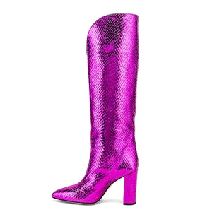 Botas hasta la rodilla de piel sintética color morado y plateado para mujer, botines largos con tacón grueso y punta en pico, para invierno, 2020