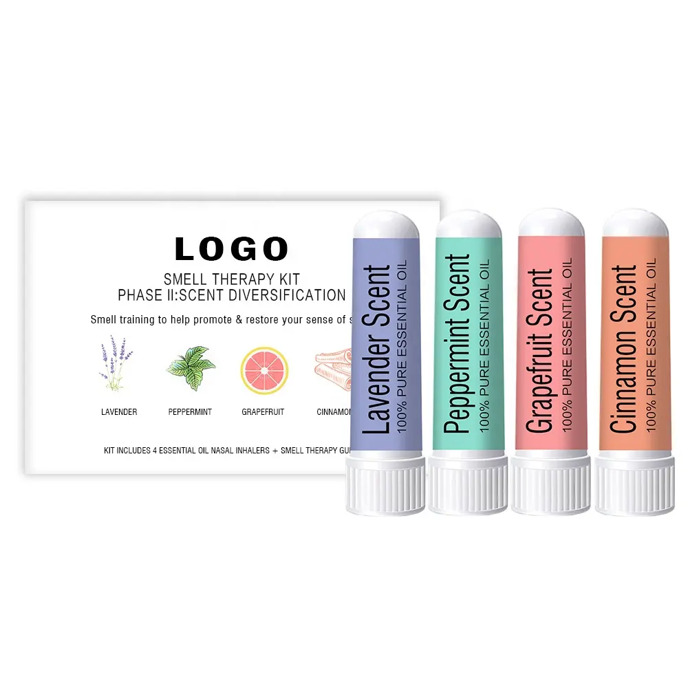 Kit de entrenamiento de olores con logotipo personalizado, 4 aceites esenciales, inhalador nasal, terapia natural para la pérdida de olores, incluye guía y registro