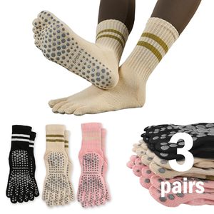 Women Striped Long <b>Yoga</b> Socks Five-finger Socks <b>Pilates</b> Socks Professional Women's Non-slip Mid-length Sports Fingering - Product Image 1