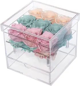 Caixa de armazenamento de flores de acrílico, caixa de flores quadrada moderna de acrílico transparente com gaveta para decoração de casamento, caixa de presente do dia dos namorados