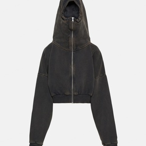 Custom Cropped Full Zip up Vintage <b>Hoodie</b> 100% Cotton Washed Black Oversized Pullover Drop Shoulder Streetwear - Product Image 1