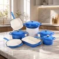Batterie de cuisine EliteChef 7 pièces en fonte émaillée bleue, antiadhésive, comprenant poêle, grill et cocotte, pour la vente en gros aux fournisseurs de cuisine