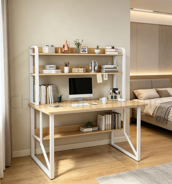 Wooden Home Desk Integrated Bookshelf Modern Design Student Study Desk Storage Shelf Simple Writing Computer Desk Office MDF