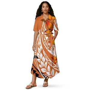 เดรสผู้หญิงลาย<span class=keywords><strong>สัก</strong></span>ลายเผ่าโพลินีเซียชุดเดรสยาวครึ่งแขนแบบกำหนดเอง - Product Image 1