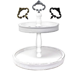 <b>Large</b> Rustic Natural <b>Wooden</b> Farmhouse Decor Stand Two Tiered Tray Wood With 3 Changeable Decorative Handles - Product Image 4