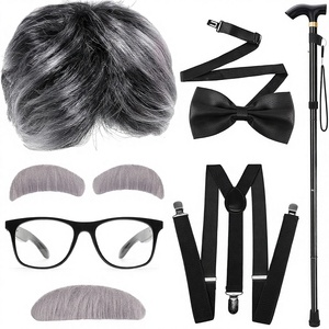 Kits de déguisement de grand-père avec perruque - 100 Days School Dress-Up Grandpa <span class=keywords><strong>Vibes</strong></span> : Bretelles, canne, lunettes, perruque grise pour Halloween - Product Image 3