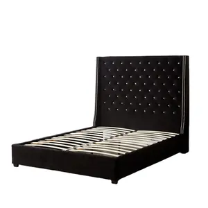Meubles de chambre à coucher aile arrière tête de lit en velours noir rembourré plate-forme lit bouton en cristal profond touffetage cadre de lit Queen