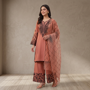 Ensemble coordonné de luxe ethnique en terre cuite, comprenant une longue robe, un pantalon et un dupatta, style Salwar Kameez traditionnel indien/pakistanais, pour femme, collection hiver, boutique - Product Image 1